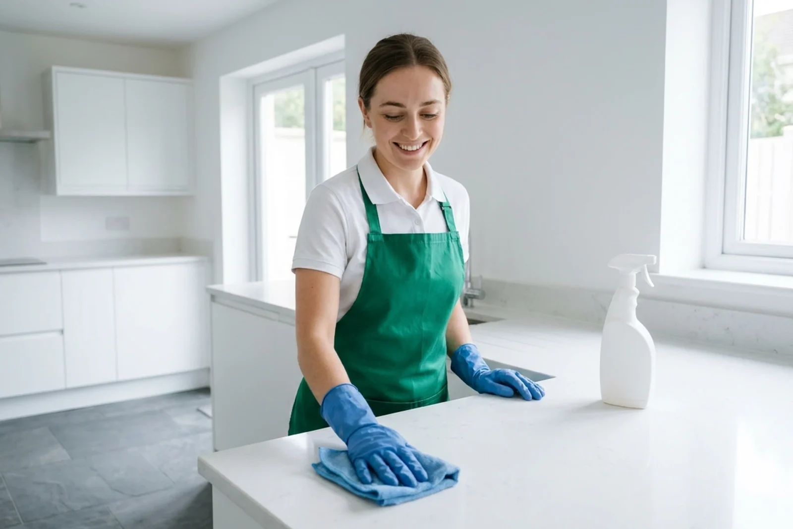 A cleaner in green workwear and protective gloves wipes a white kitchen worktop.