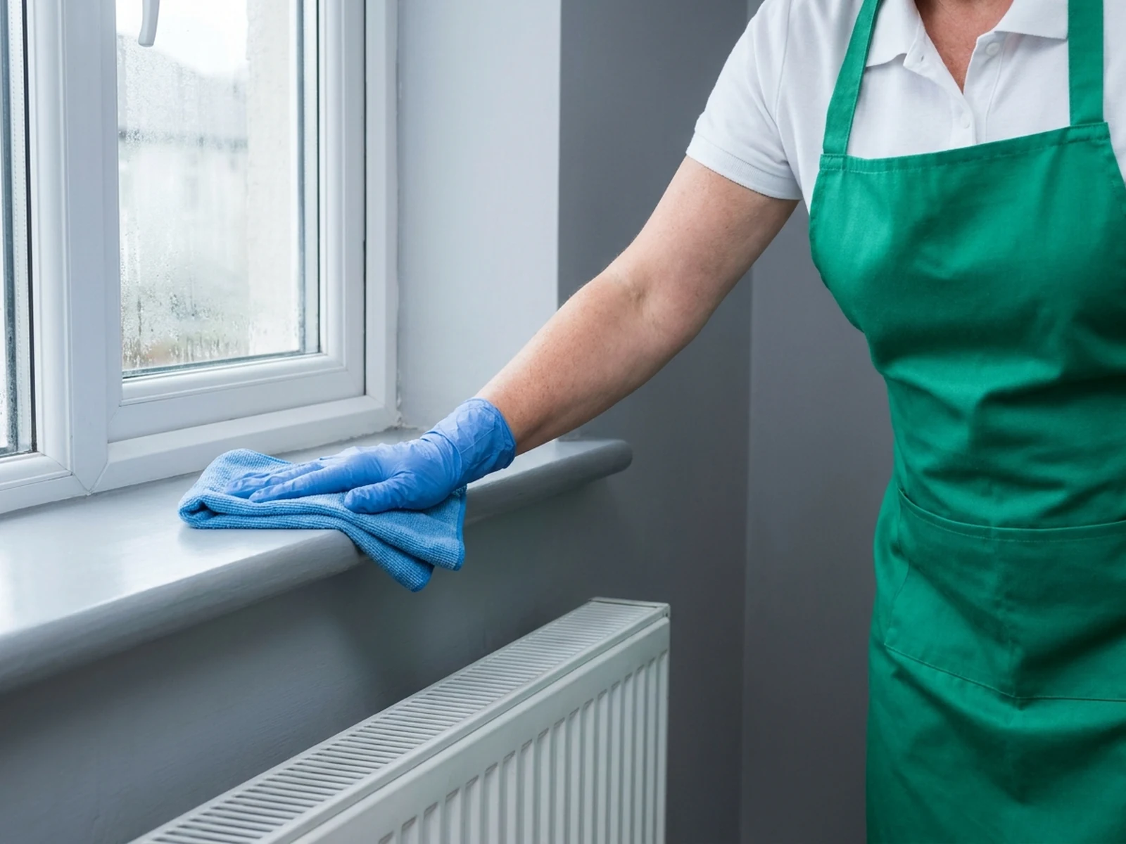 A cleaner removes dust from a cool grey windowsill in a bright living room.