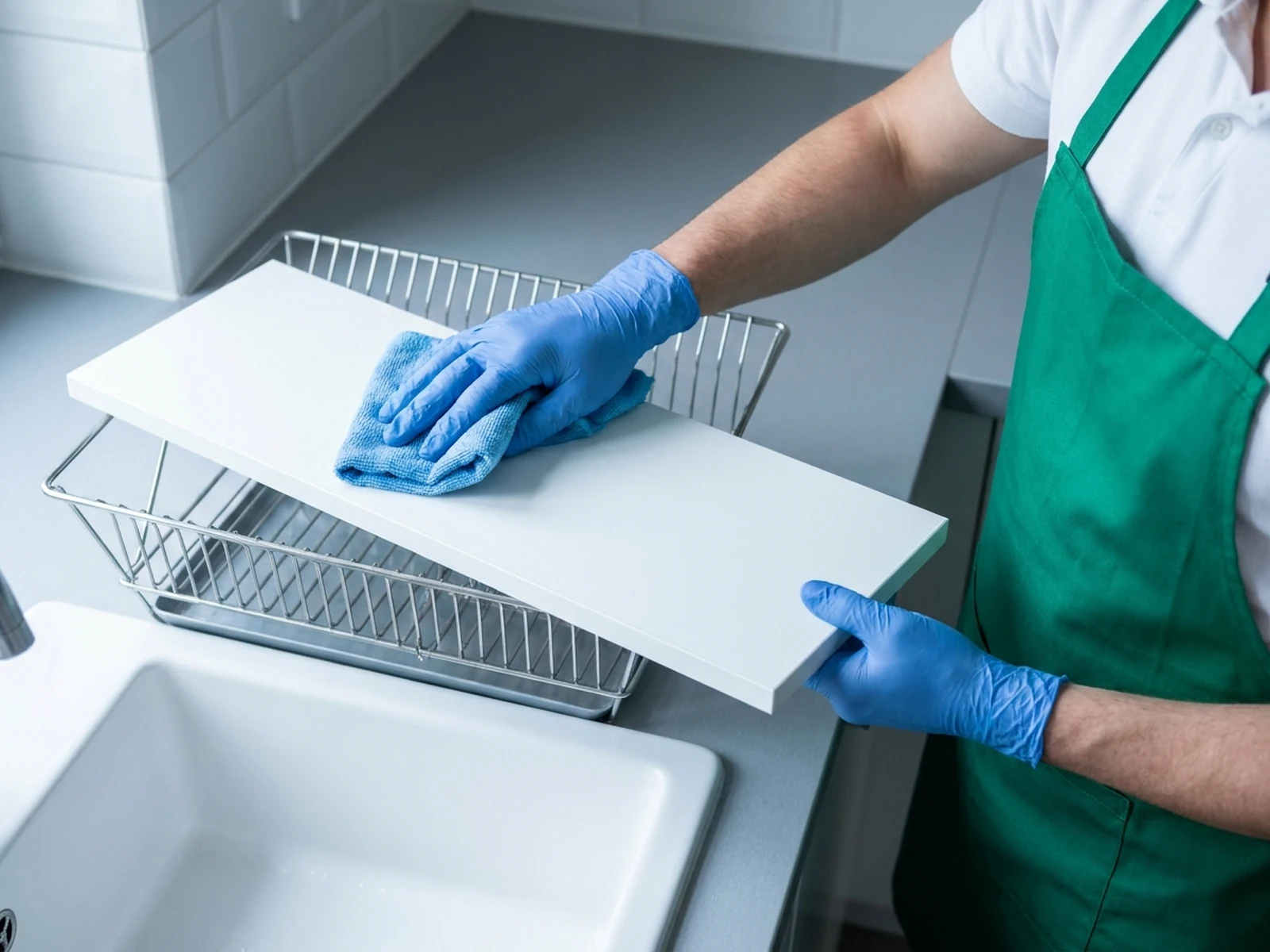 A gloved hand cleans a removable white shelf above a sink with a blue cloth.