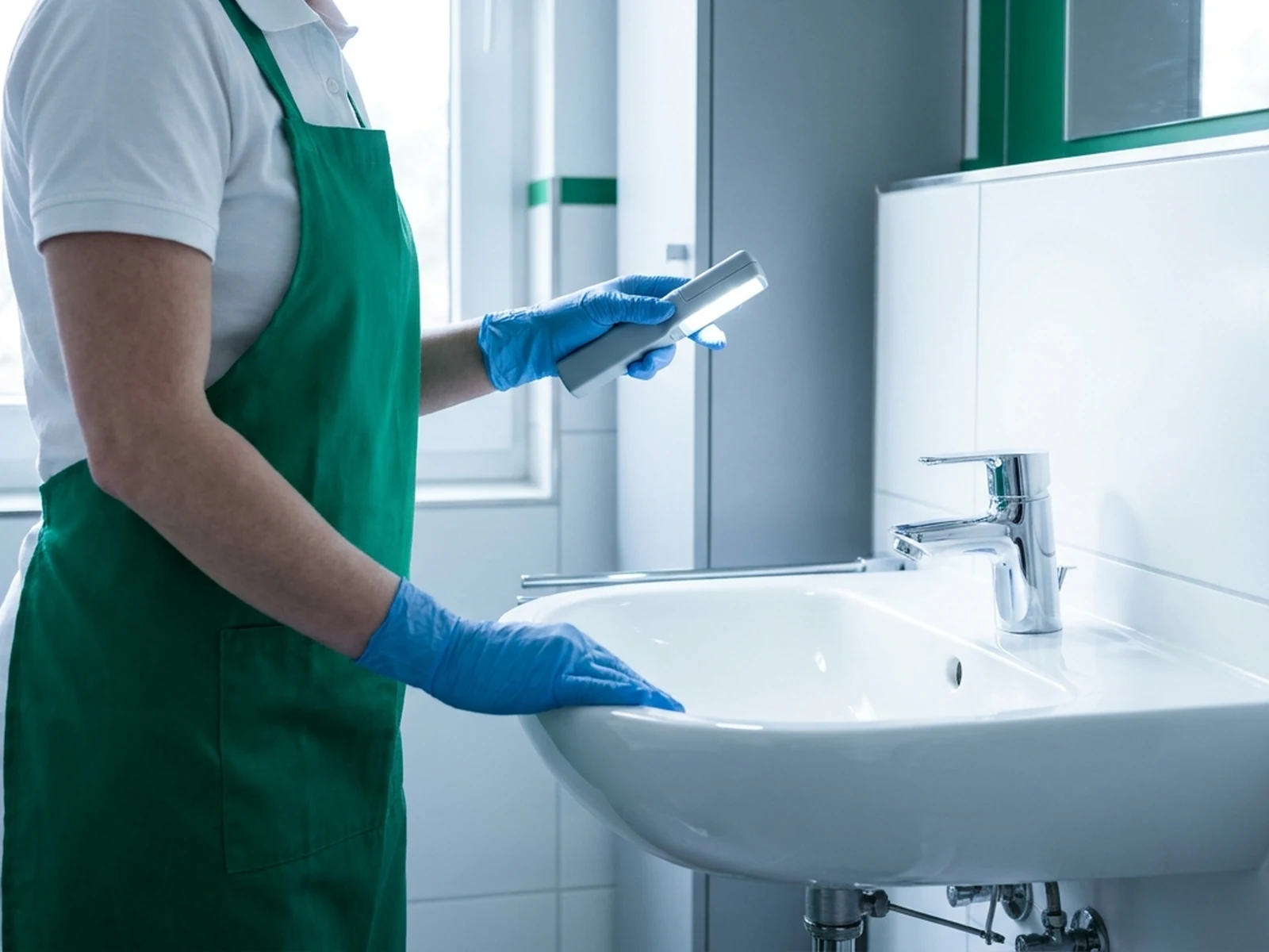 A cleaner inspects the accessible surfaces in a white bathroom.