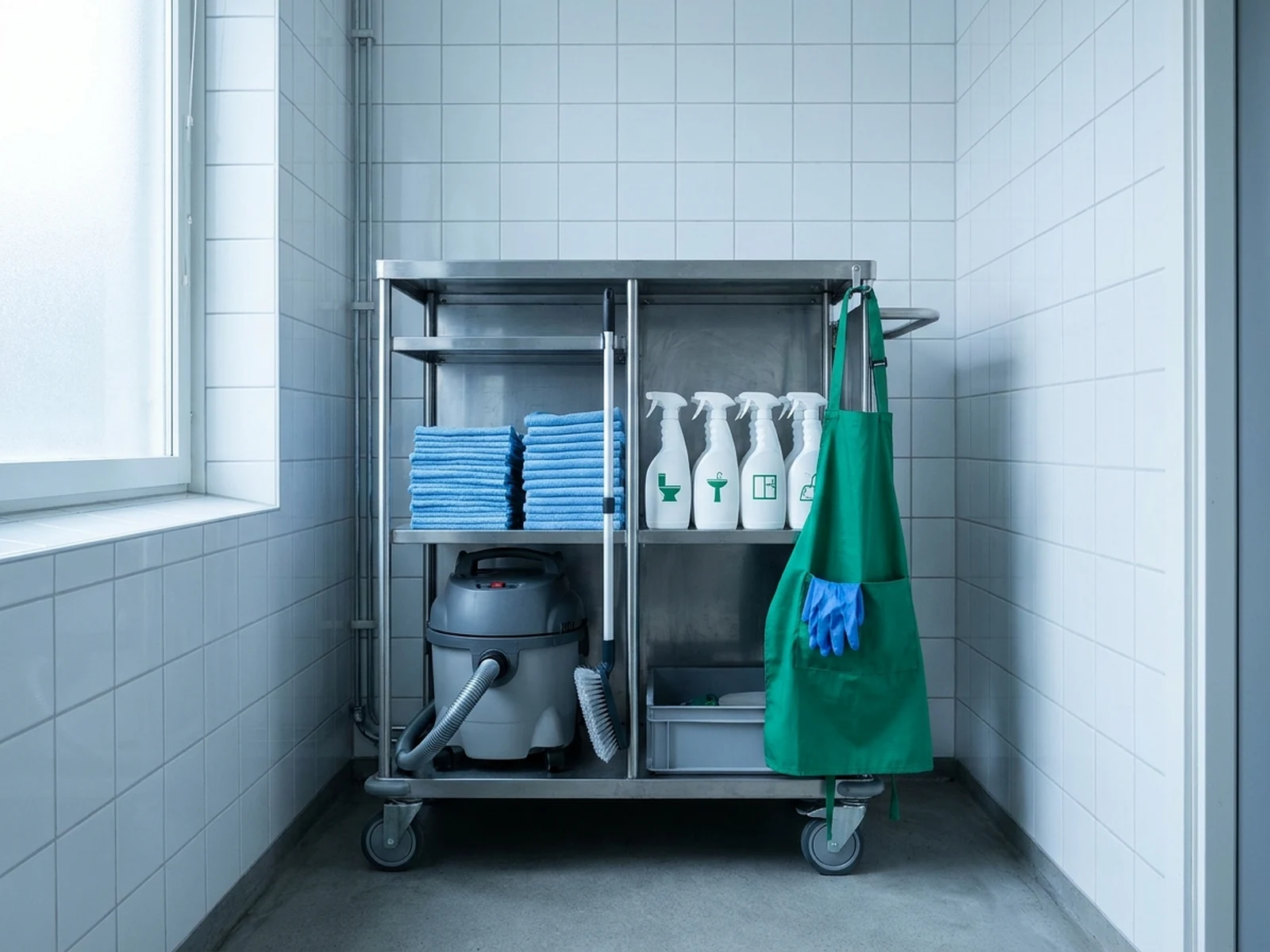 A cleaning trolley holds folded blue cloths, labelled closed containers and prepared equipment.