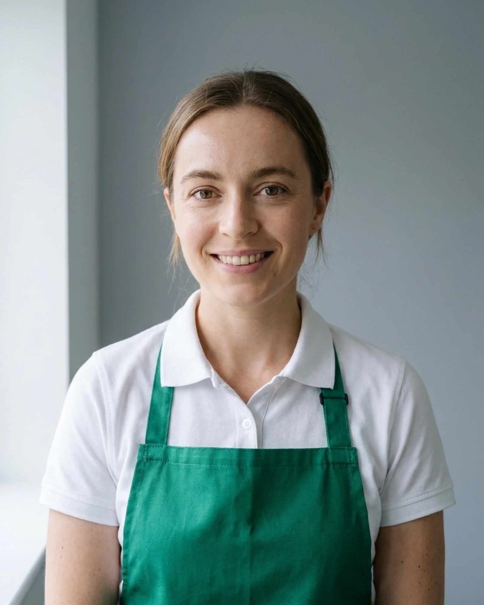 Maeve Cullen, cleaning coordinator, in green professional workwear.